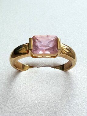 Gold Plated Modern Statement Ring with Emerald Cut Pink CZ - Size 10 Features